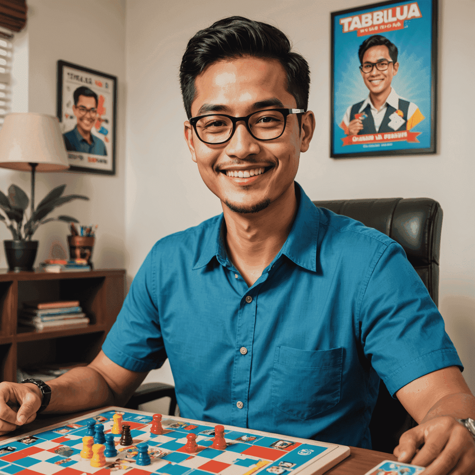 Foto Adi Pratama, reviewer utama TabletopReview, seorang pria Indonesia berusia 30-an dengan kacamata, tersenyum sambil memegang game papan