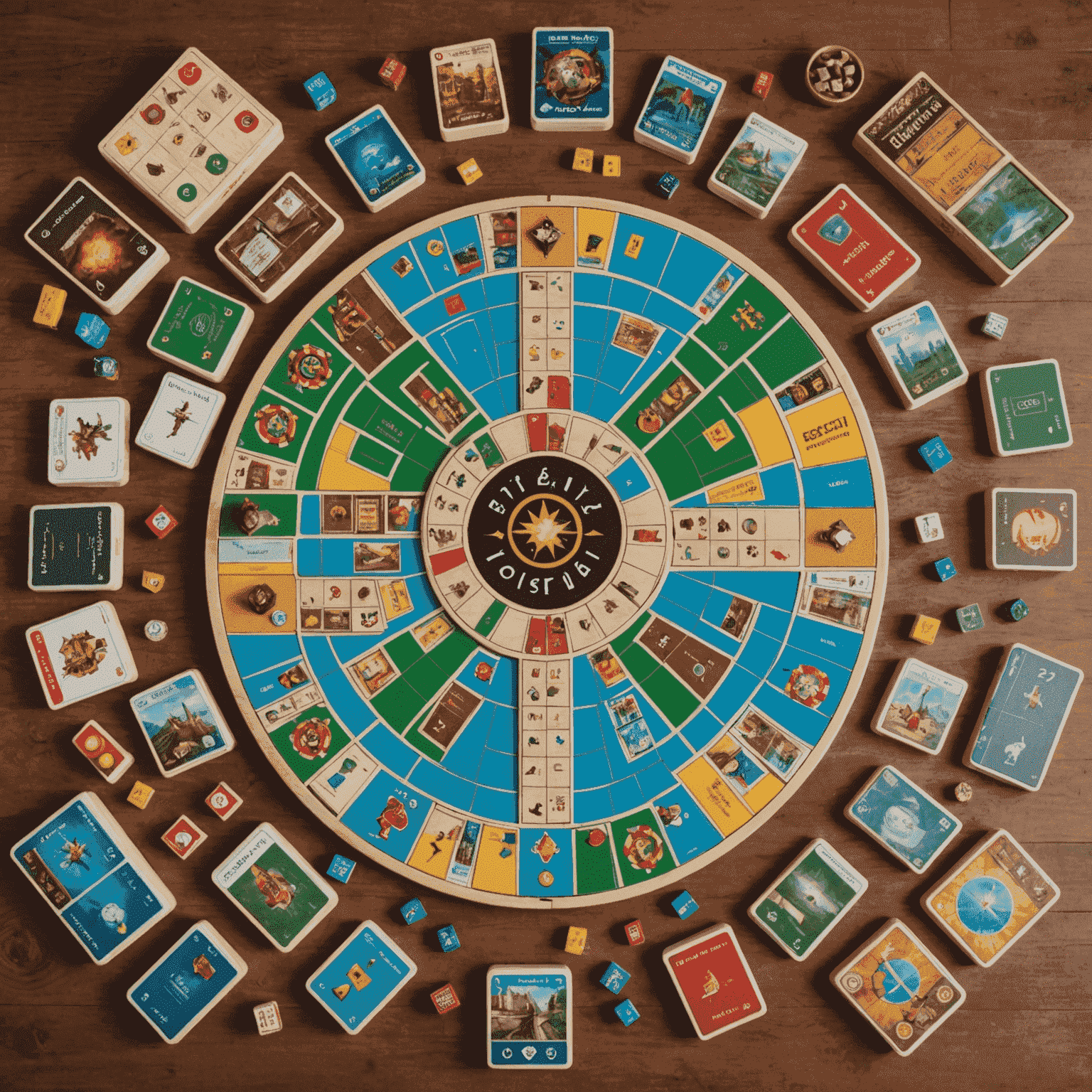Gambar menampilkan berbagai papan permainan strategi populer tahun 2024 yang tersusun rapi di atas meja kayu.