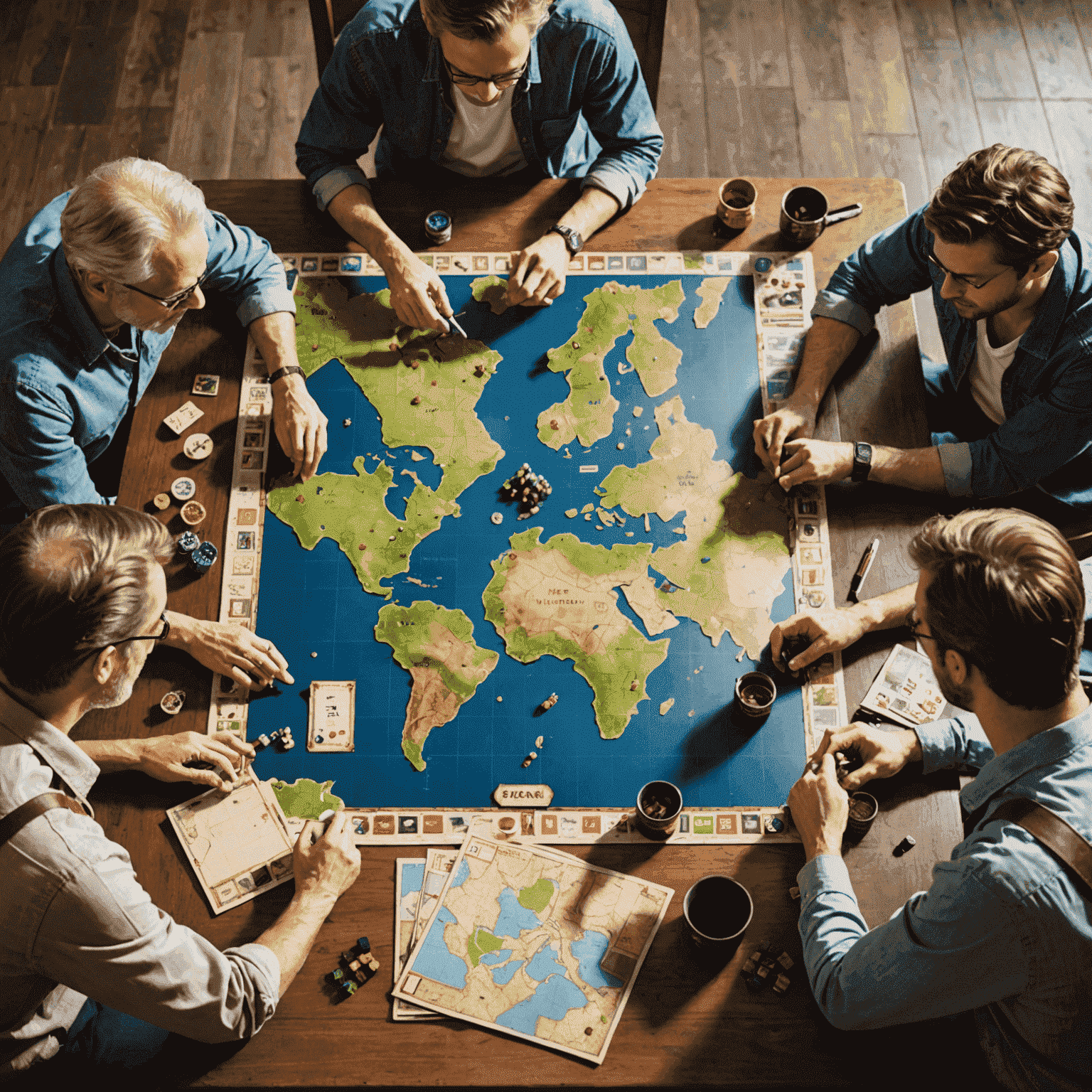 Sekelompok orang sedang bermain game legacy di meja, dengan komponen permainan yang kompleks dan peta yang terbuka di depan mereka