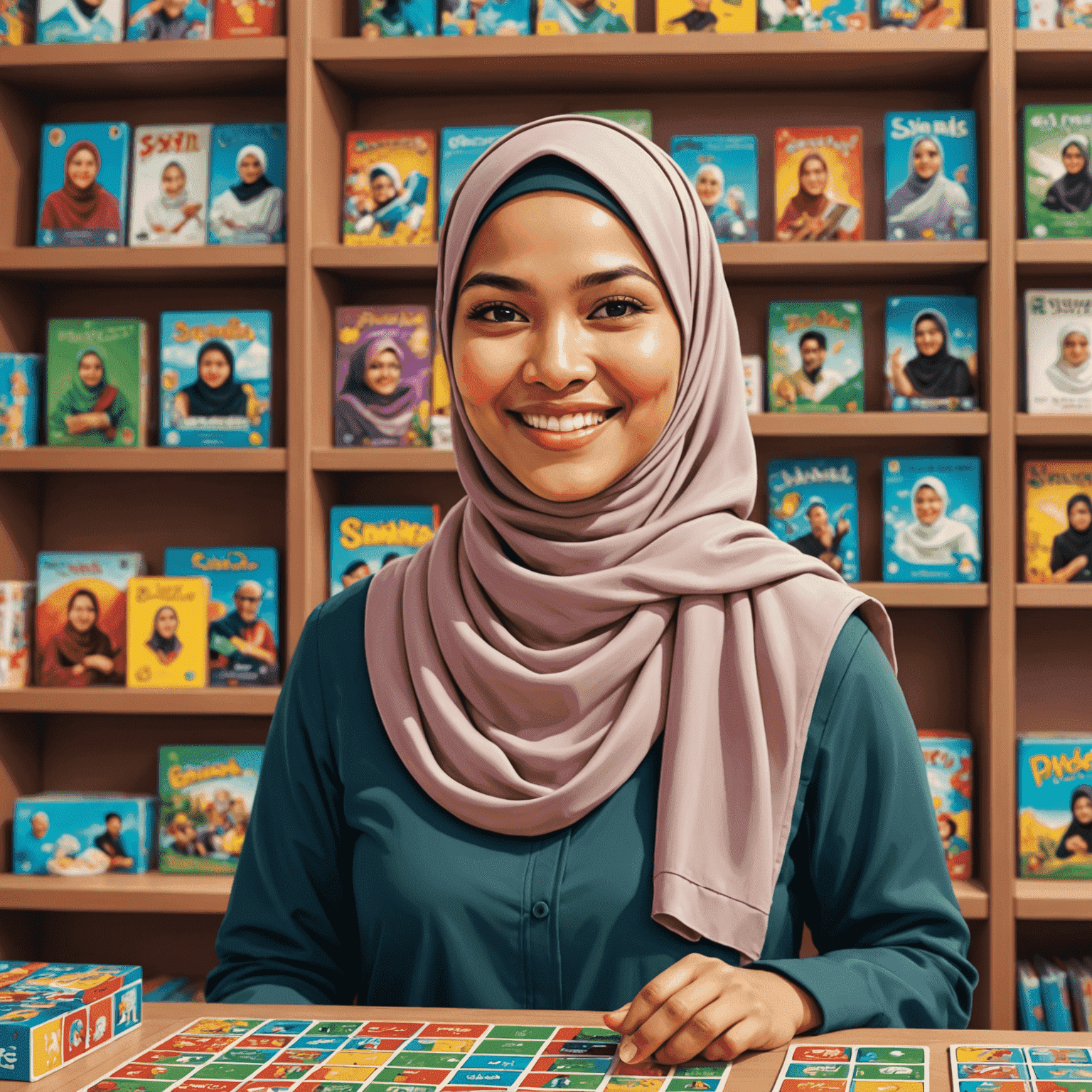 Foto Siti Rahma, spesialis game keluarga, seorang wanita Indonesia berusia 20-an dengan hijab, tersenyum lebar di depan rak game papan