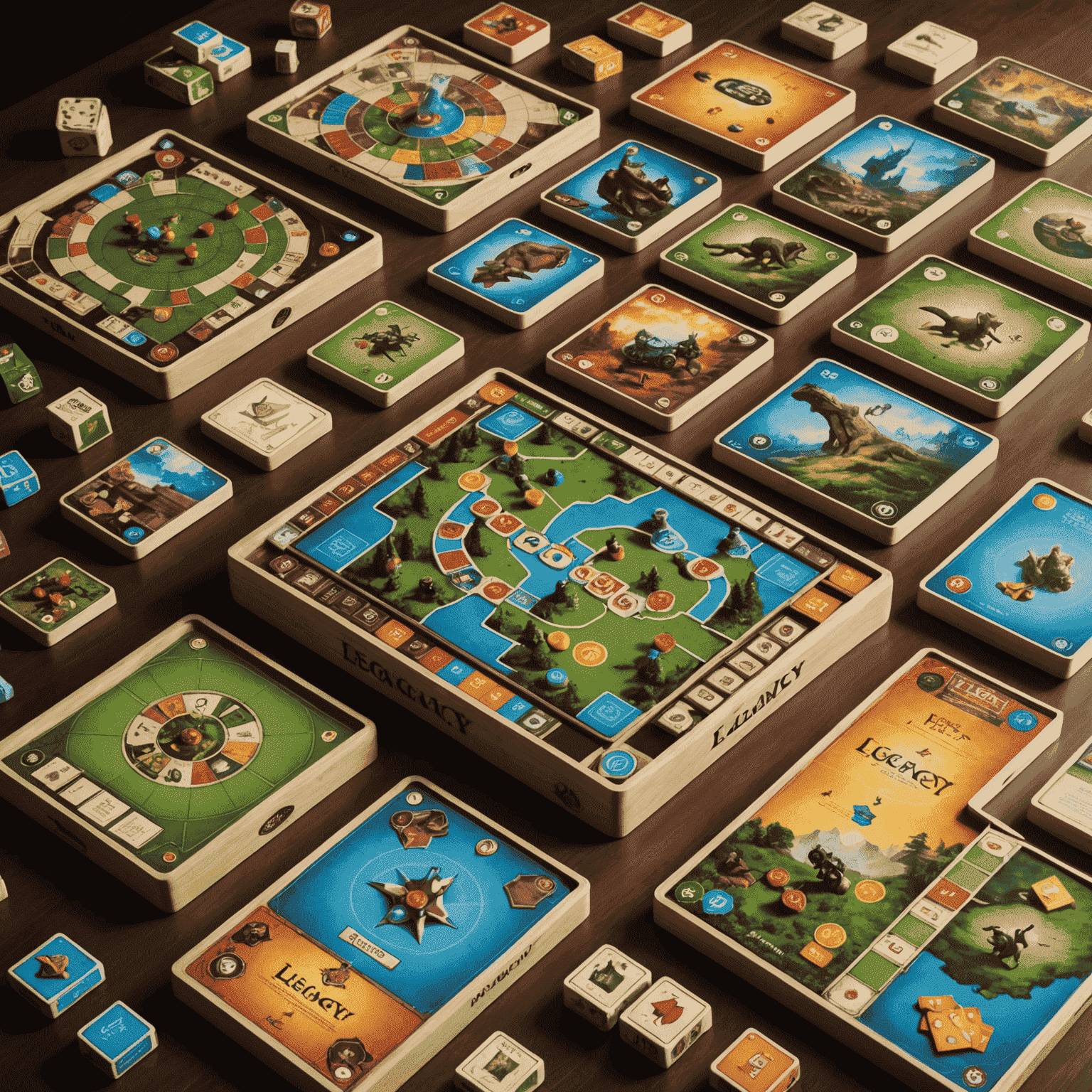 Ilustrasi menunjukkan evolusi game papan legacy, dengan beberapa kotak game legacy terkenal dan komponen yang berubah seiring waktu.