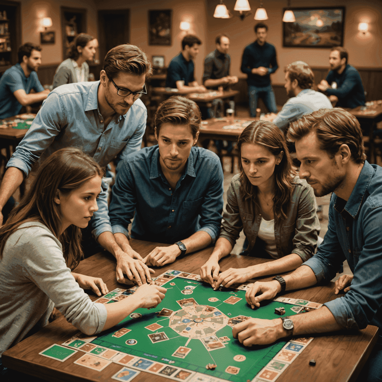 Sekelompok pemain sedang bekerja sama dalam permainan papan kooperatif, menunjukkan interaksi dan diskusi yang intens