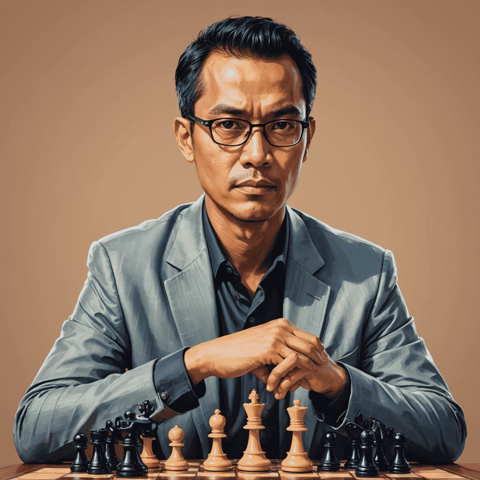 Foto Budi Santoso, ahli game strategi, seorang pria Indonesia berusia 40-an, serius memandang kamera sambil memegang pion catur