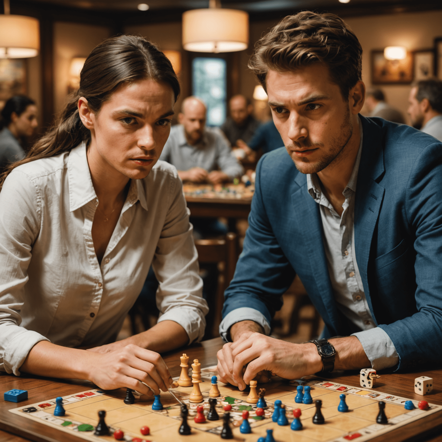 Dua pemain terlibat dalam pertandingan sengit dalam permainan papan kompetitif, menunjukkan ekspresi serius dan fokus